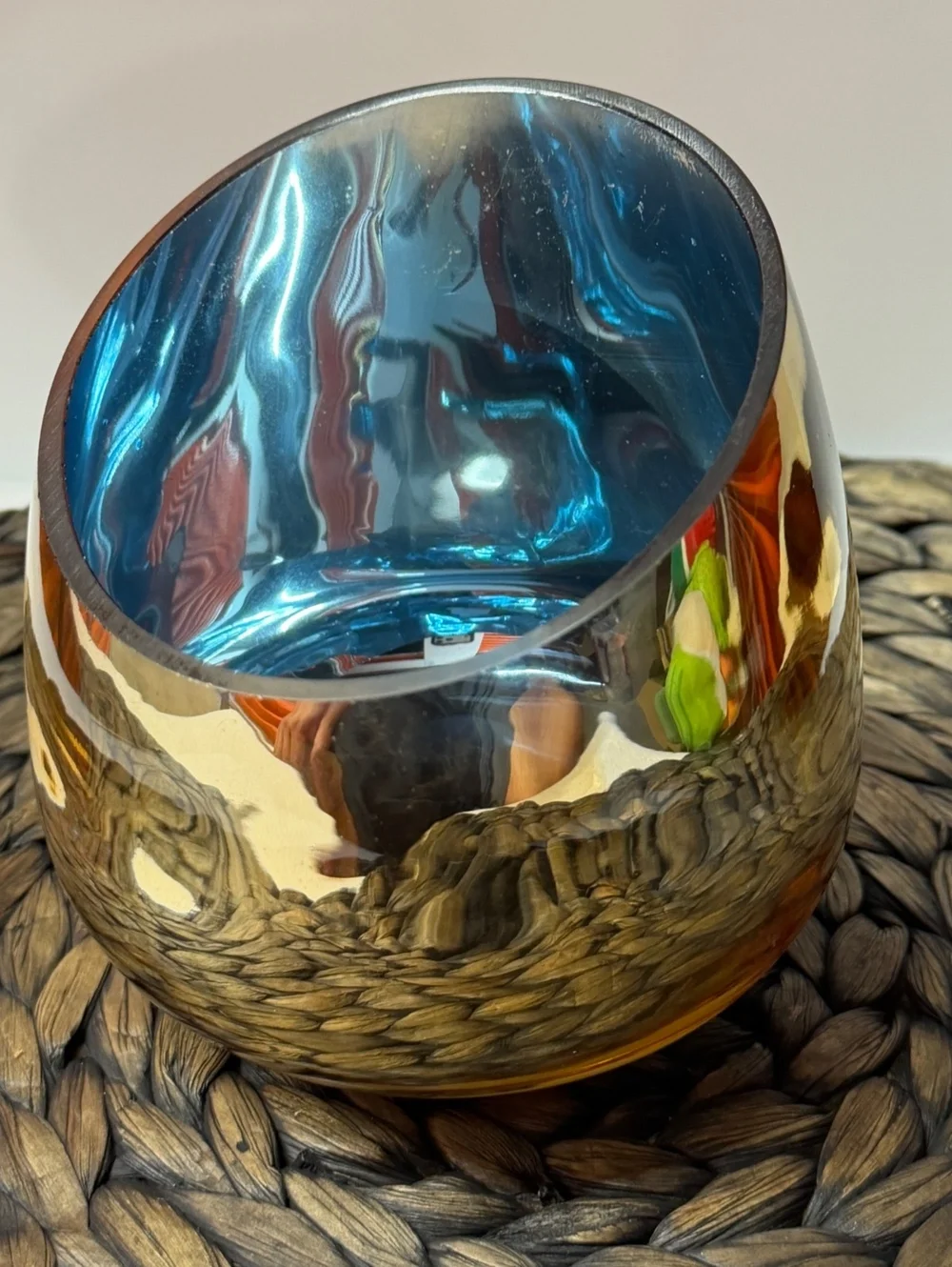 Modern Blue and Gold Metallic Decorative Glass Vase with Angled Opening